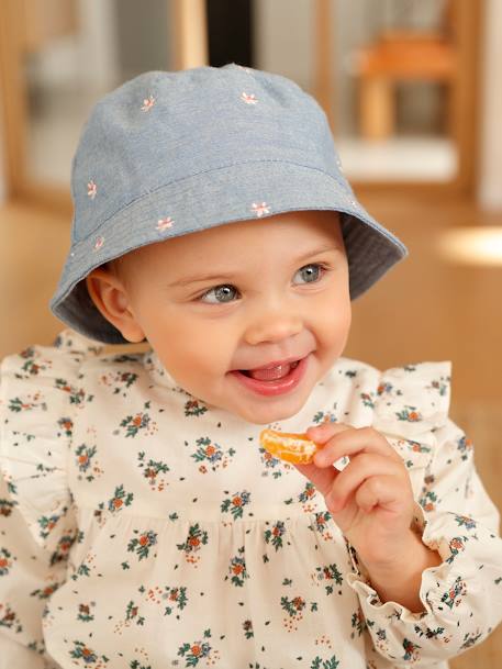 Denim Bucket Hat with Embroidered Flowers, for Baby Girls denim blue 