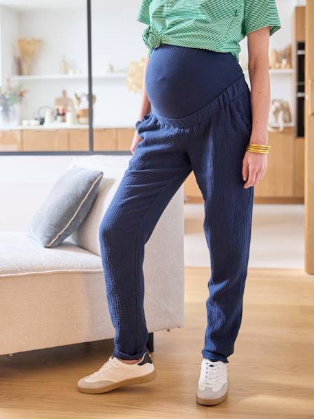 Maternity Trousers in Cotton Gauze GREEN MEDIUM SOLID+navy blue+terracotta 