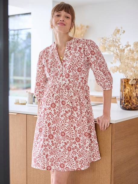 Short, Floral Cotton Dress, Maternity & Nursing Special printed grey+terracotta 