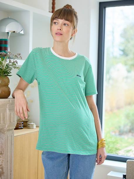 Striped Cotton T-Shirt, Maternity & Nursing Special green+RED MEDIUM STRIPED 