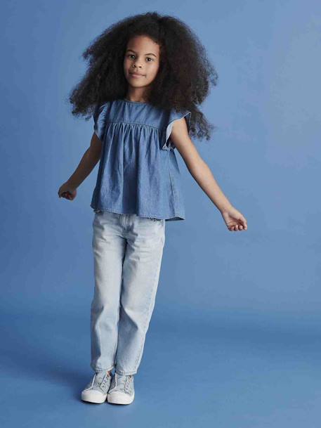 Light Denim Blouse with Short Ruffled Sleeves for Girls stone 