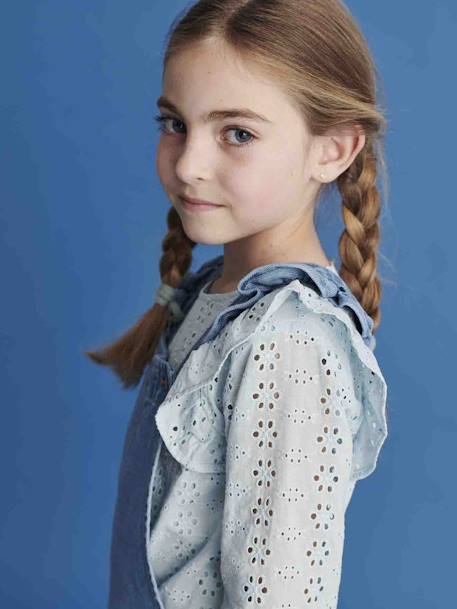 Blouse with Ruffles in Broderie Anglaise, for Girls coral+ecru+sky blue 