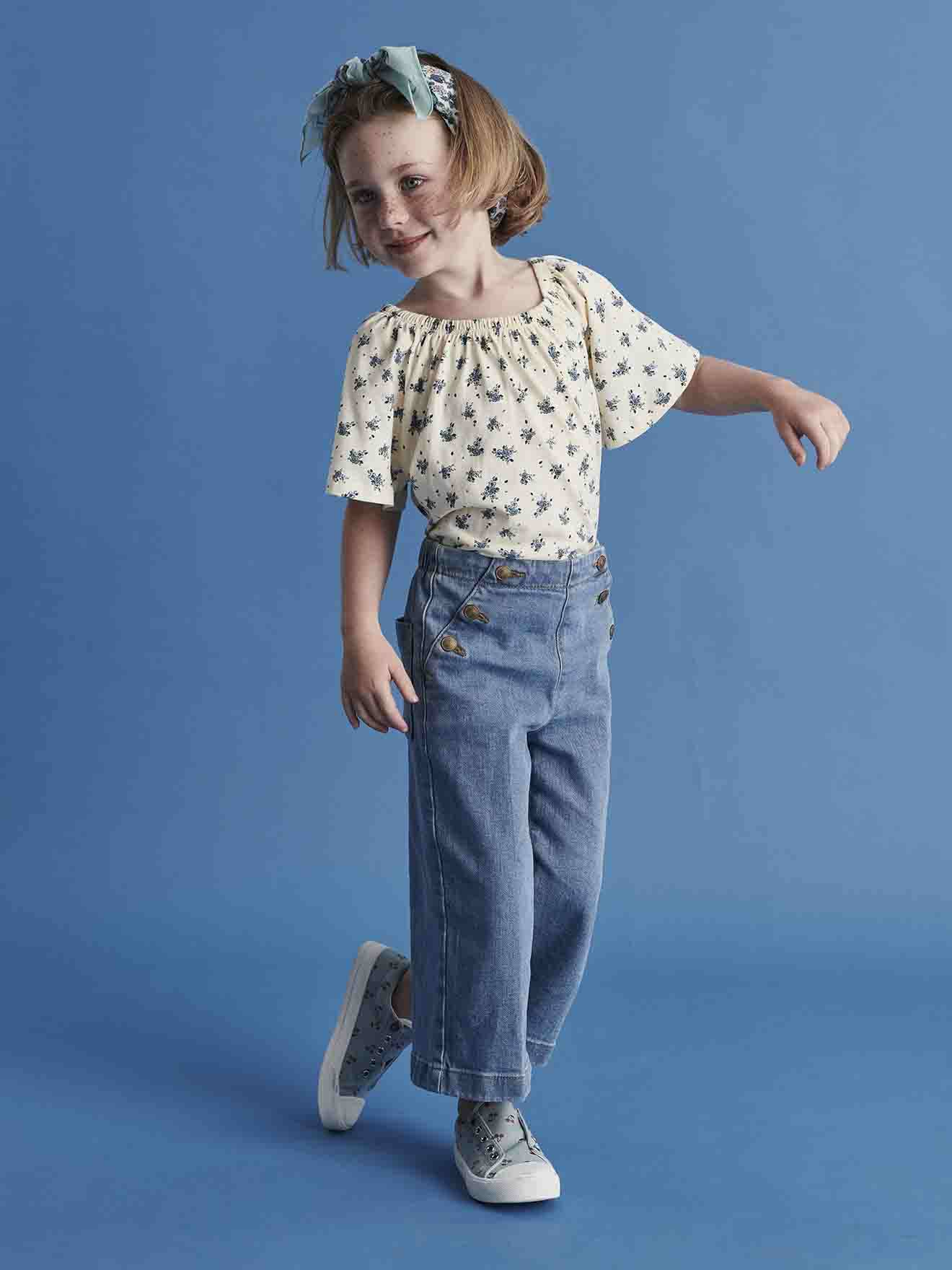 Cropped Cotton Gauze Trousers with Floral Print, for Girls - blush, Girls