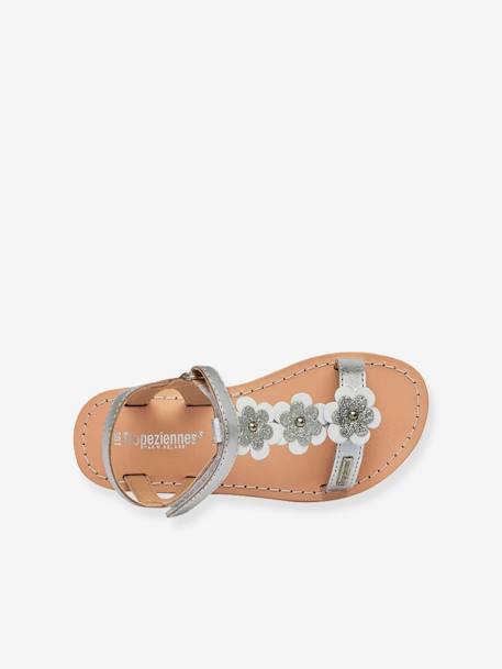 Hook-&-Loop Leather Sandals for Babies, Ibiscus by LES TROPEZIENNES® PAR M. BELARBI coral+silver 