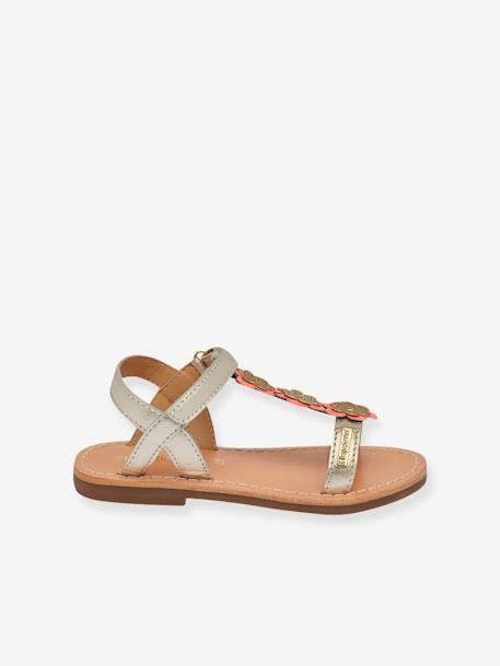 Hook-&-Loop Leather Sandals for Babies, Ibiscus by LES TROPEZIENNES® PAR M. BELARBI coral+silver 