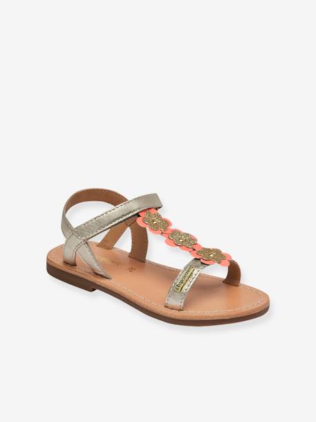 Hook-&-Loop Leather Sandals for Babies, Ibiscus by LES TROPEZIENNES® PAR M. BELARBI coral+silver 