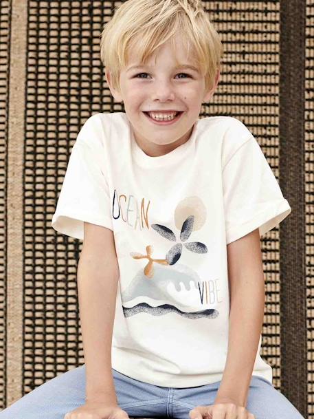 Thick T-Shirt with Wave Motif for Boys ecru 