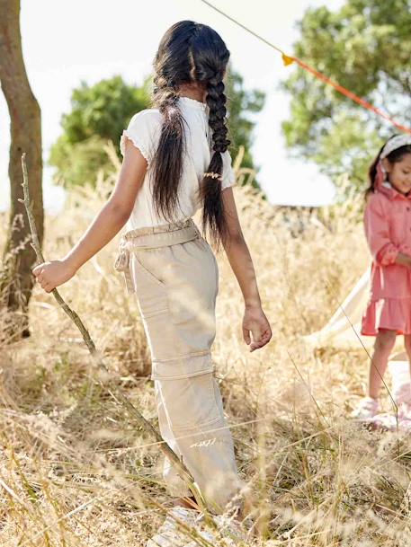 Cargo Trousers for Girls in Loose-Fitting Fabric old rose+sandy beige 