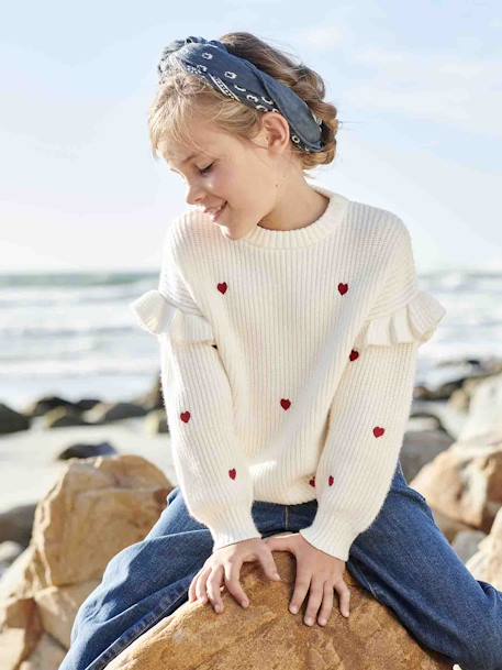 Jumper with Ruffled Sleeves for Girls ecru+red+sage green 