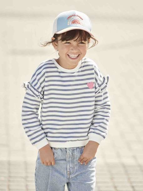 Sailor-type Sweatshirt with Ruffles on the Sleeves, for Girls denim blue+lilac+striped pink 