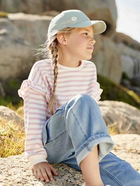 Sailor-type Sweatshirt with Ruffles on the Sleeves, for Girls denim blue+lilac+striped pink 