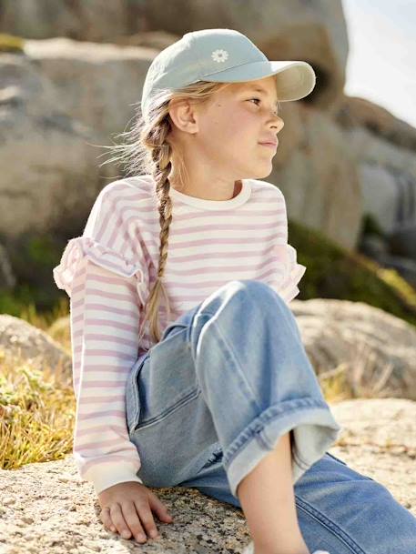 Sailor-type Sweatshirt with Ruffles on the Sleeves, for Girls aqua green+denim blue+lilac+old rose+striped pink 