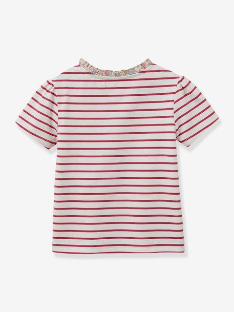 Striped T-Shirt in Organic Cotton with Liberty Fabric for Girls, by CYRILLUS raspberry pink 