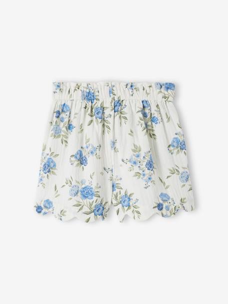 Shorts in Cotton Gauze with Scalloped Trim for Girls blue+nude pink+printed blue 