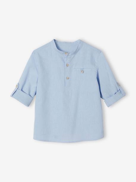 Shirt in Linen/Cotton, Mandarin Collar, Long Sleeves, for Boys BLUE BRIGHT SOLID+Green+sky blue+White 