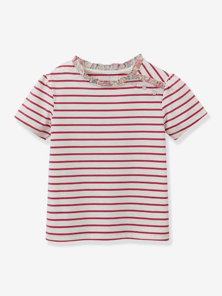 Striped T-Shirt in Organic Cotton with Liberty Fabric for Girls, by CYRILLUS raspberry pink 