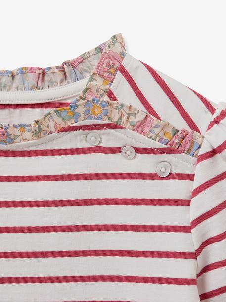 Striped T-Shirt in Organic Cotton with Liberty Fabric for Girls, by CYRILLUS raspberry pink 