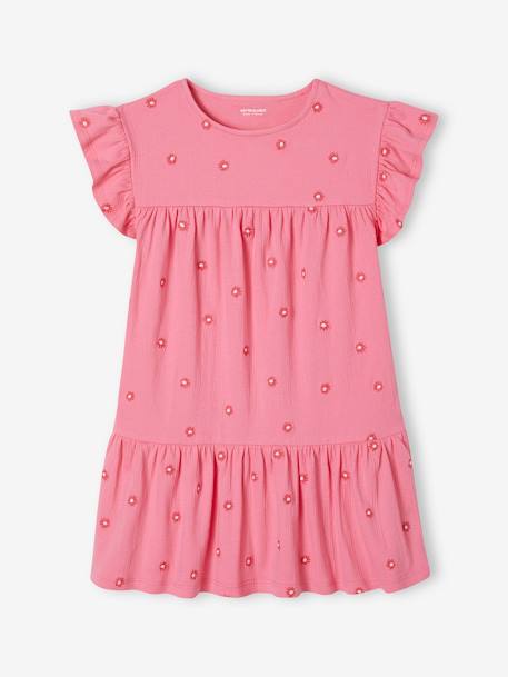 Crinkled Knit Dress with Embroidered Flowers for Girls sweet pink 