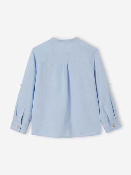 Shirt in Linen/Cotton, Mandarin Collar, Long Sleeves, for Boys BLUE BRIGHT SOLID+Green+sky blue+White 