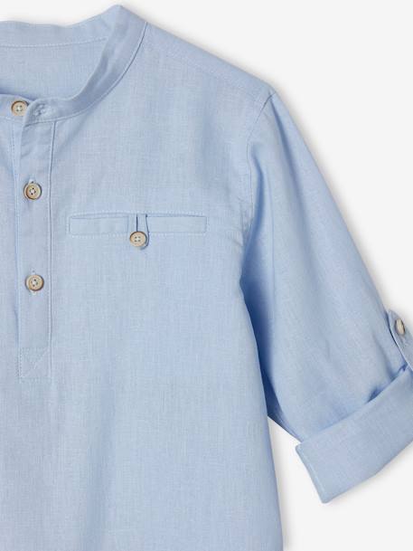 Shirt in Linen/Cotton, Mandarin Collar, Long Sleeves, for Boys BLUE BRIGHT SOLID+Green+sky blue+White 