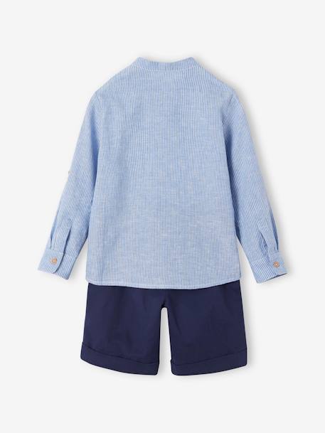 Occasion Wear Ensemble: Shirt with Mandarin Collar & Shorts for Boys striped blue 