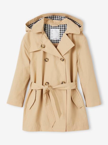 Trench Coat with Removable Hood for Girls beige+navy blue 