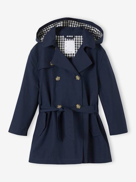 Trench Coat with Removable Hood for Girls beige+navy blue 