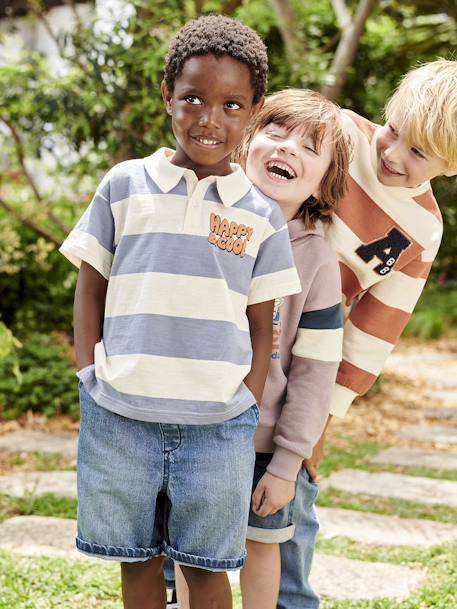 Short Sleeve Polo Shirt with Wide Stripes, for Boys striped blue 