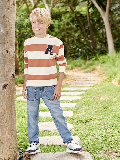 Sweatshirt with Wide Stripes & Bouclé Badge for Boys apricot+night blue 