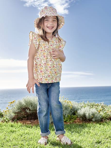 Blouse with Flower Motifs & Short Ruffled Sleeves for Girls pale pink+printed orange 