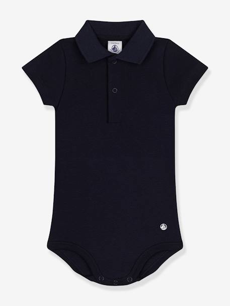 Short Sleeve Bodysuit with Polo Shirt Neckline, by PETIT BATEAU navy blue 