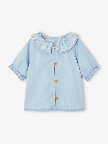 Blouse in Light Denim with Embroidered Collar for Babies bleached denim 