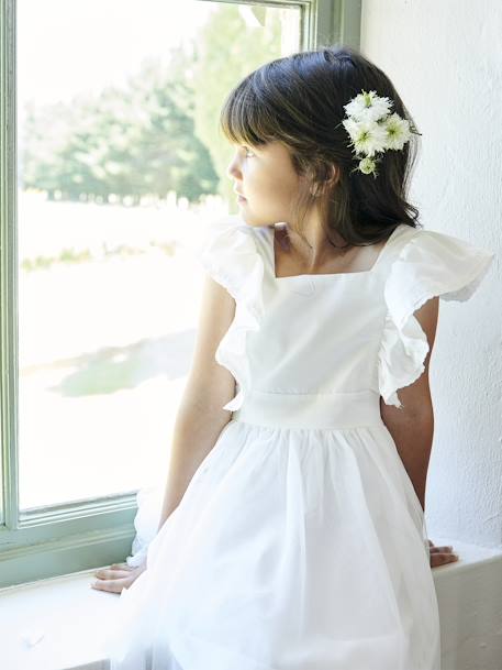 Ruffled Occasion Wear Dress in Cotton Gauze & Tulle, for Girls ecru 