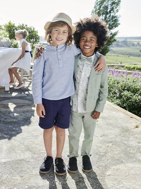 Occasion Wear Ensemble: Shirt with Mandarin Collar & Shorts for Boys striped blue 