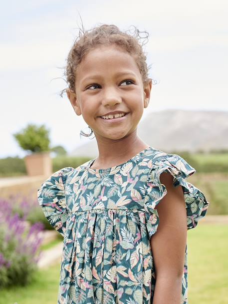 Ruffled, Short Sleeve Dress with Prints, for Girls ecru+fir green+pale pink 