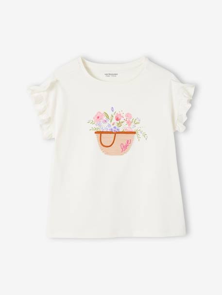 Embroidered T-Shirt with Ruffle on the Sleeves, for Girls ecru 