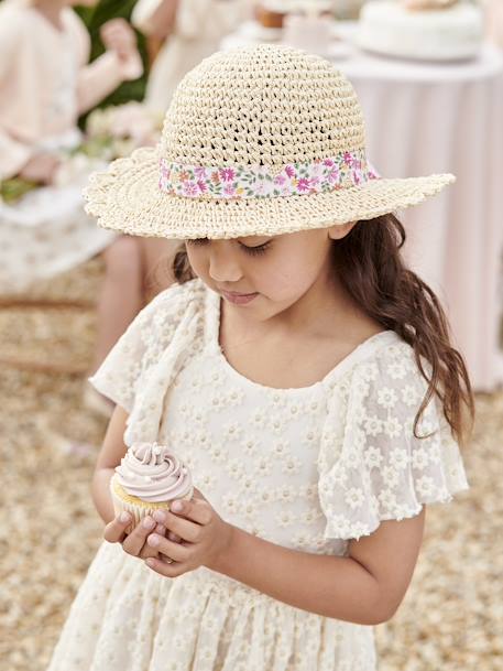 Crochet-Effect Straw-Like Hat with Printed Ribbon for Girls pale pink 