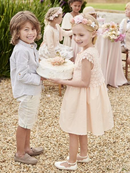 2-in-1 Special Occasion Dress, Macramé Top Layer, for Girls nude pink+WHITE LIGHT SOLID 