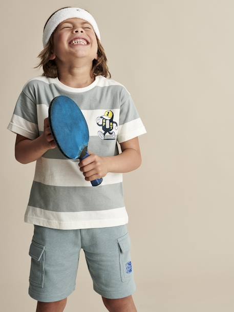 Sports T-Shirt with Mascot & Wide Stripes for Boys aqua green 