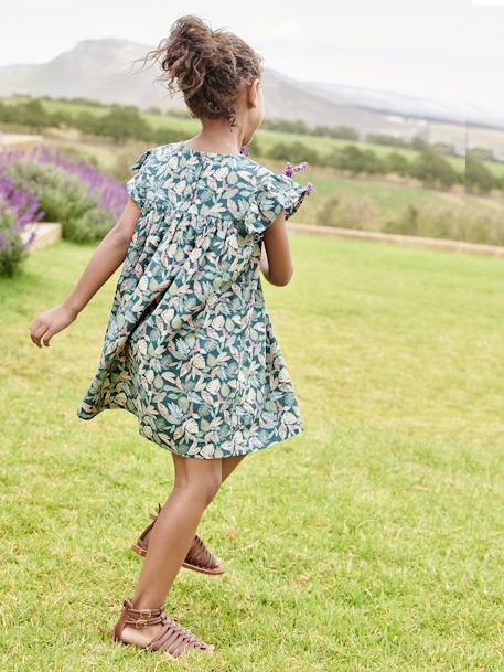 Ruffled, Short Sleeve Dress with Prints, for Girls ecru+fir green+pale pink 