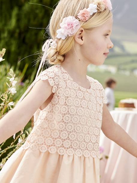 2-in-1 Special Occasion Dress, Macramé Top Layer, for Girls nude pink+WHITE LIGHT SOLID 