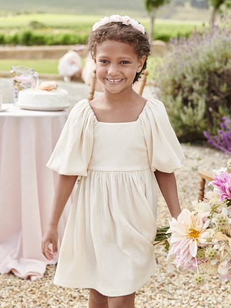 Occasion Wear Dress in Relief Fabric with Smocking for Girls sage green+vanilla 