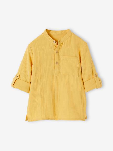 Cotton Gauze Shirt, Roll-Up Sleeves, for Boys BLUE MEDIUM SOLID+ecru+green+yellow 