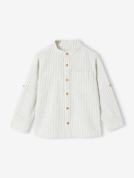 Striped Shirt with Mandarin Collar & Roll-Up Sleeves in Cotton/Linen for Boys striped green 