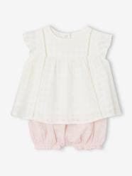 Embroidered Dress & Bloomer Shorts Combo in Cotton Gauze, for Newborn Babies