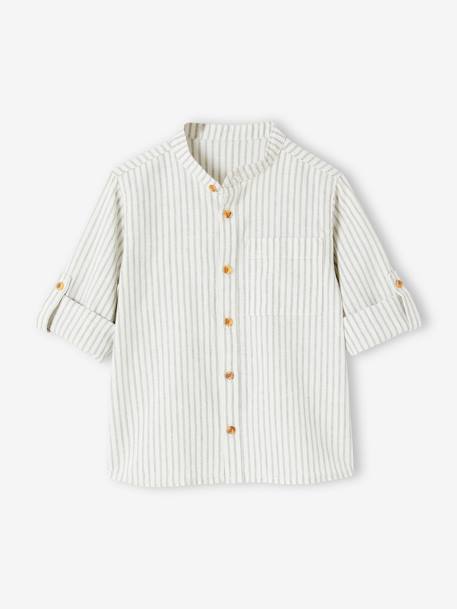 Striped Shirt with Mandarin Collar & Roll-Up Sleeves in Cotton/Linen for Boys striped green 