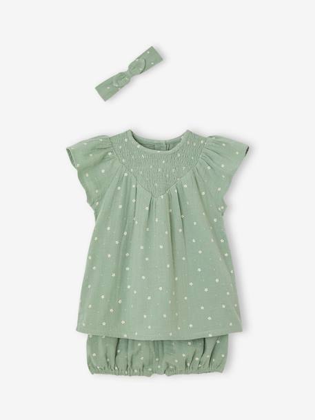 Cotton Gauze Combo: Dress + Bloomer Shorts + Headband for Babies sage green 