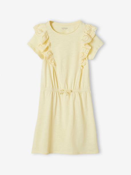 Ruffled Dress in Broderie Anglaise, for Girls grey green+navy blue+pale yellow 