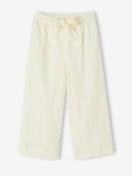 -Wide-Leg Cotton Gauze Trousers with Embroidered Flowers for Girls