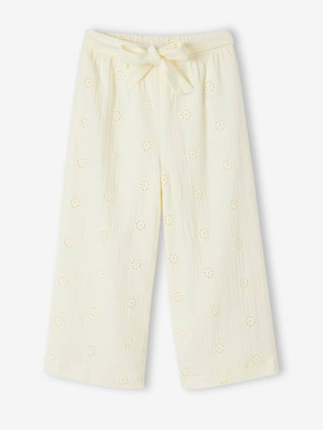 Wide-Leg Cotton Gauze Trousers with Embroidered Flowers for Girls vanilla 